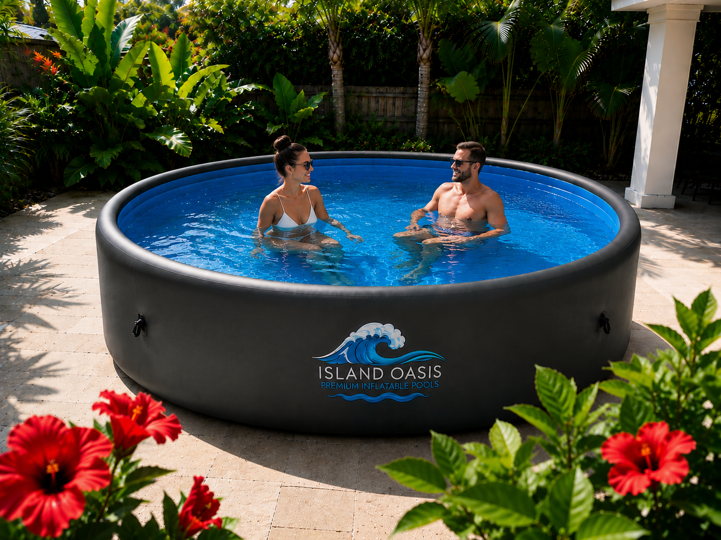 Couple relaxing in a charcoal round Island Oasis pool in a tropical backyard