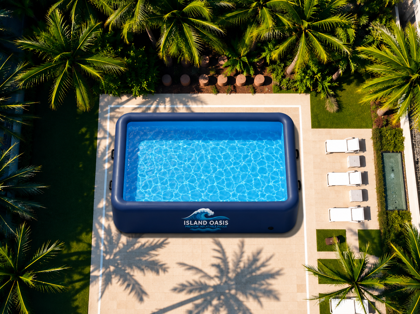 Aerial view of a deep navy Island Oasis pool framed by palm trees