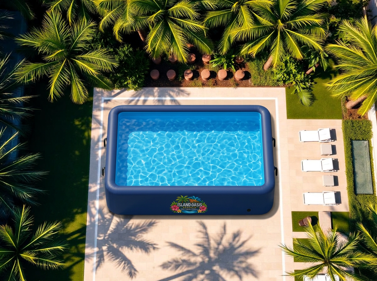 Aerial view of a navy pool framed by palms